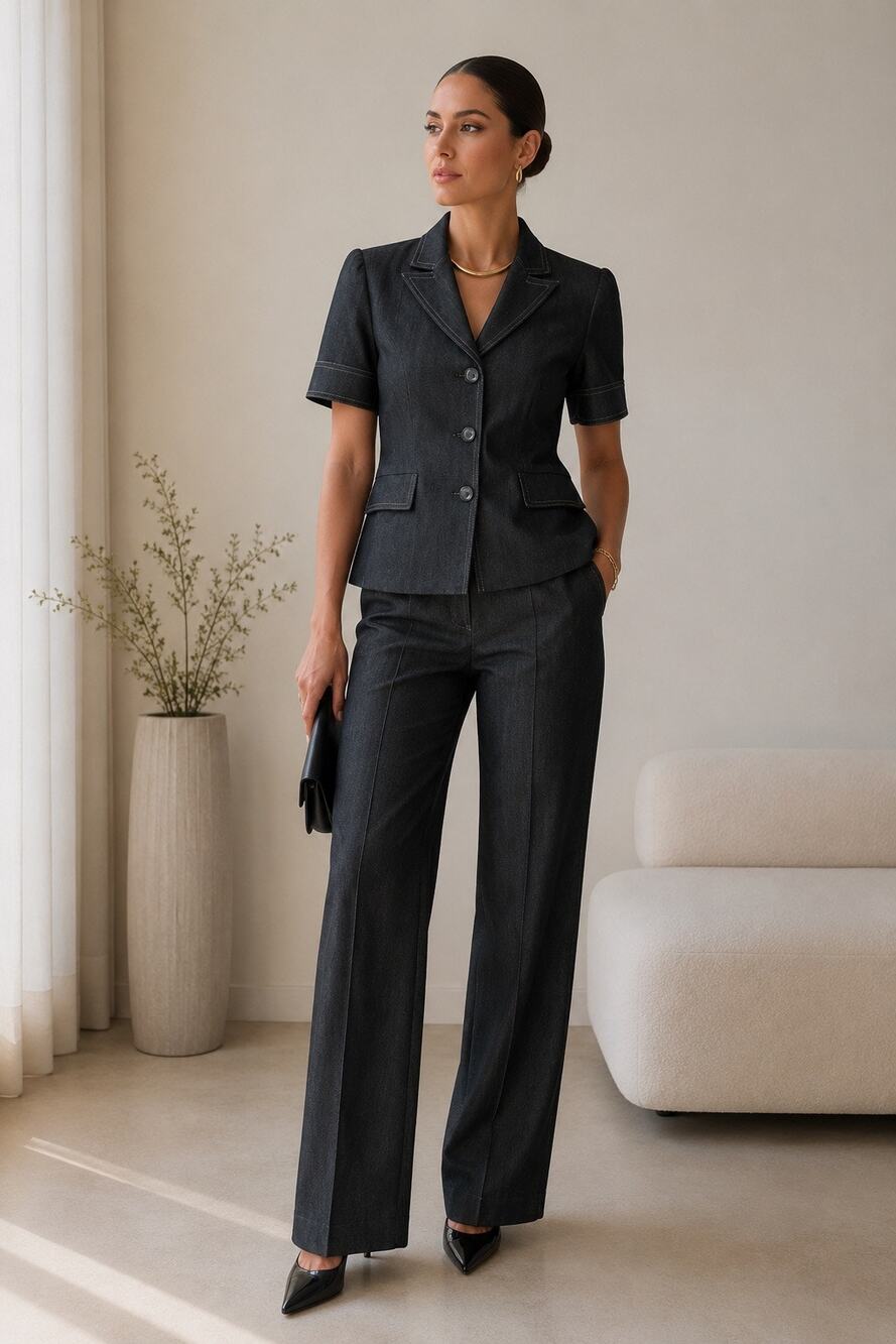 Kasper Petite 2P Dark blue Denim Look 2 Piece Pant Suit Short Sleeve Blazer